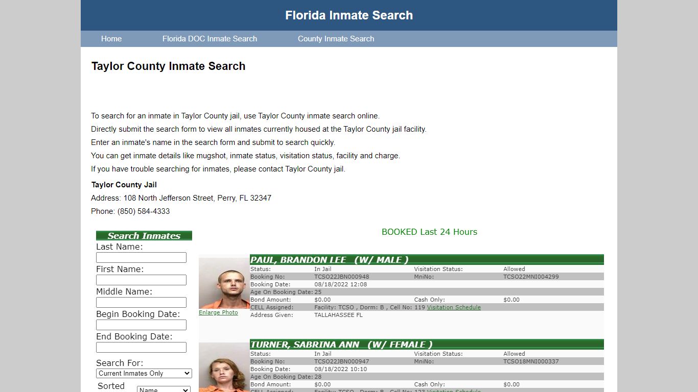 Taylor County Inmate Search